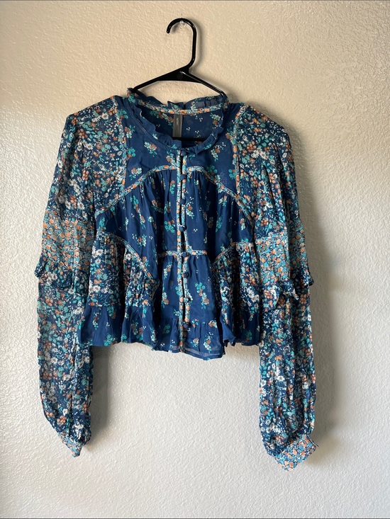 Anthropologie Tops - Anthropologie Navy Floral Peasant Blouse with Ruffle Tiers Sz S Boho Vacay